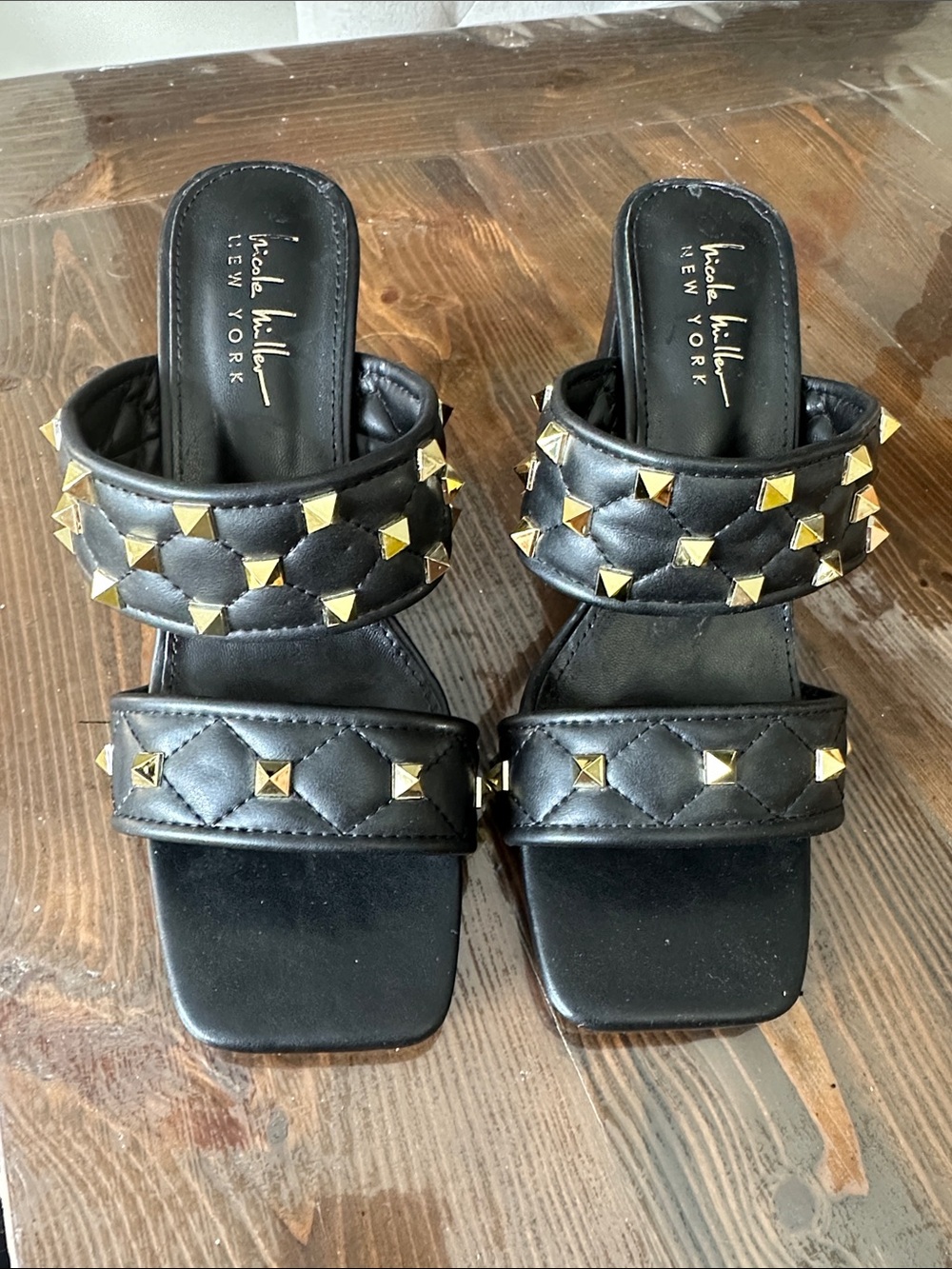 Nicole Miller Black Quilted Slide Heels with Gold Studs